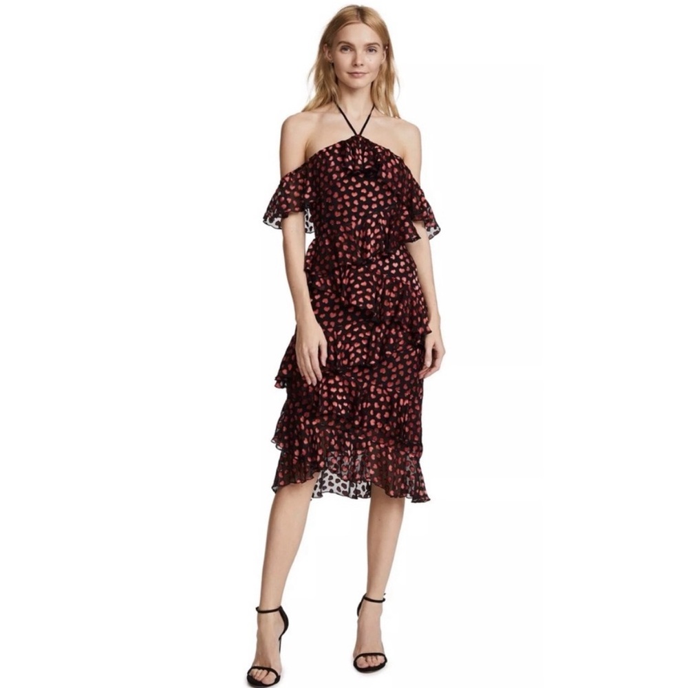 Alice and Olivia Red Heart Ruffle Midi Halter Dress